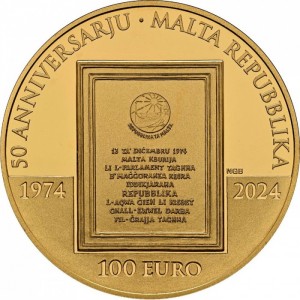 Реверс монеты Мальта, 100 евро, 2024, 50 лет Республике