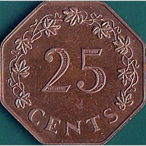 Реверс монеты Мальта, 25 центов, 1975, 1 год Мальтийской республике