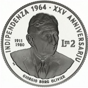Реверс монеты Мальта, 2 лиры, 1989, 25 лет Независимости