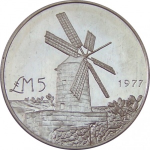 Реверс монеты Мальта, 5 лир, 1977, Ветряная мельница