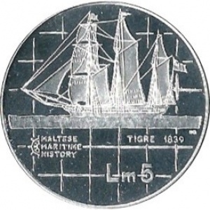 Реверс монеты Мальта, 5 лир, 1984, Морская история - Tigre, 1839
