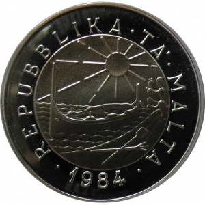 Аверс монеты Мальта, 5 лир, 1984, Морская история - Wignacourt, 1844