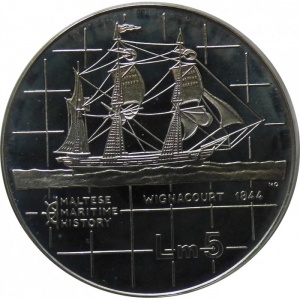 Реверс монеты Мальта, 5 лир, 1984, Морская история - Wignacourt, 1844