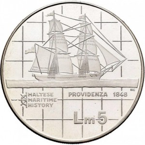 Реверс монеты Мальта, 5 лир, 1984, Морская история - Providenza, 1848