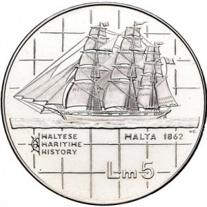 Реверс монеты Мальта, 5 лир, 1985, Морская история Мальты - Мальта, 1862 год