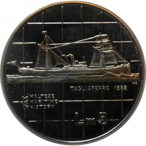 Реверс монеты Мальта, 5 лир, 1985, Морская история Мальты - Тальяферро, 1882 год