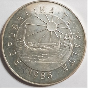 Аверс монеты Мальта, 5 лир, 1986, Морская история - Knight of Malta, 1929