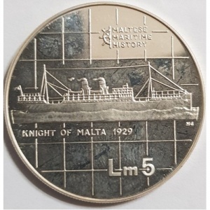 Реверс монеты Мальта, 5 лир, 1986, Морская история - Knight of Malta, 1929