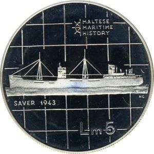 Реверс монеты Мальта, 5 лир, 1986, Морская история - Saver, 1943