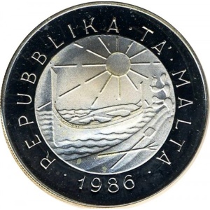 Аверс монеты Мальта, 5 лир, 1986, Морская история - Dwejra II, 1969