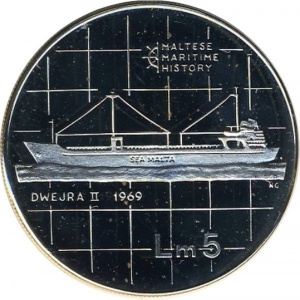 Реверс монеты Мальта, 5 лир, 1986, Морская история - Dwejra II, 1969