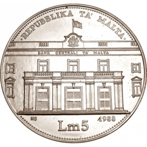 Реверс монеты Мальта, 5 лир, 1988, 20 лет Центральному банку Мальты