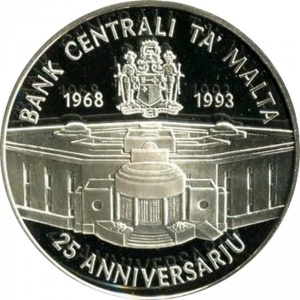 Реверс монеты Мальта, 5 лир, 1993, 25 лет центральному банку