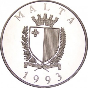 Аверс монеты Мальта, 5 лир, 1993, 430 лет защите Христианства в Европе