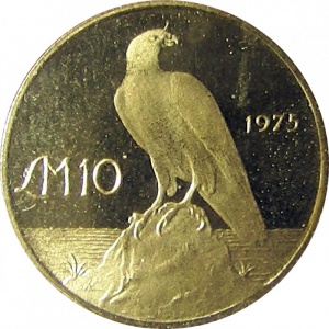 Реверс монеты Мальта, 10 лир, 1975, Мальтийский сокол /рыбы/