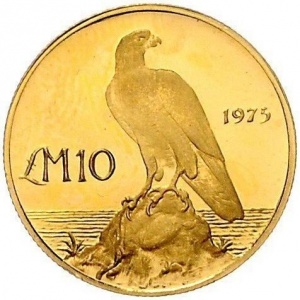 Реверс монеты Мальта, 10 лир, 1975, Мальтийский сокол /лодка/