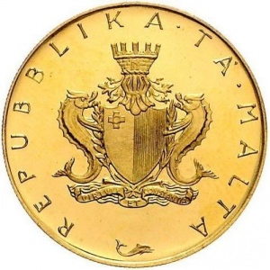 Аверс монеты Мальта, 50 лир, 1975, Каменный балкон /рыбы/