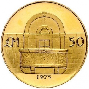 Реверс монеты Мальта, 50 лир, 1975, Каменный балкон /рыбы/