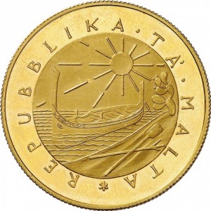 Аверс монеты Мальта, 100 лир, 1977, Скульптура "Отец и двое детей"