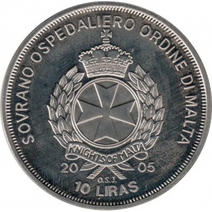 Аверс монеты Мальтийский орден, 10 лир, 2004-2005, Иоанн Павел II /Ex cathedra petri, крест/