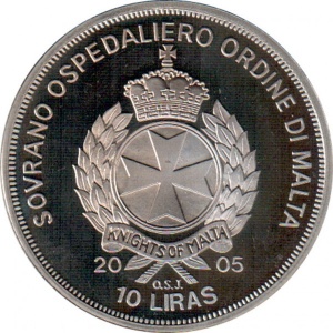 Аверс монеты Мальтийский орден, 10 лир, 2004-2005, Иоанн Павел II /Ex cathedra petri, библия/