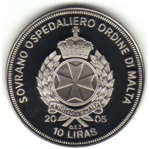 Аверс монеты Мальтийский орден, 10 лир, 2004-2005, Иоанн Павел II /Archiepiscopus christodoulos/