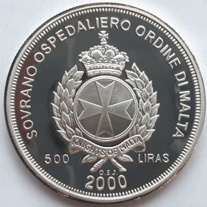 Аверс монеты Мальтийский орден, 500 лир, 2000, Великая осада Мальты, 1565
