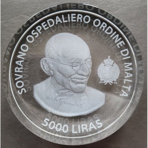 Аверс монеты Мальтийский орден, 5.000 лир, 2016, Махатма Ганди