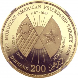 Реверс монеты Марокко, 200 дирхамов, 1987, 200 лет Договору о дружбе с США