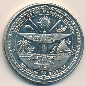Аверс монеты Маршалловы Острова, 5 долларов, 1990, 100 лет со дня рождения Дуайта Дэвида Эйзенхауэра