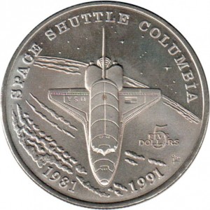 Реверс монеты Маршалловы Острова, 5 долларов, 1991, 10 лет первому полёту шаттла Колумбия