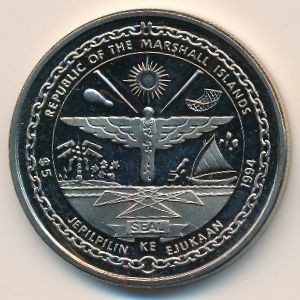 Аверс монеты Маршалловы Острова, 5 долларов, 1994, 25 лет первому человеку на луне
