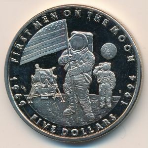 Реверс монеты Маршалловы Острова, 5 долларов, 1994, 25 лет первому человеку на луне