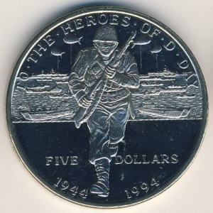 Реверс монеты Маршалловы Острова, 5 долларов, 1994, Героям высадки в Нормандии