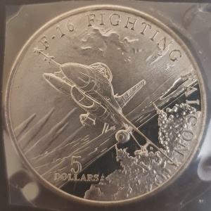 Реверс монеты Маршалловы Острова, 5 долларов, 1995, Истребитель - F-16 Fighting Falcon
