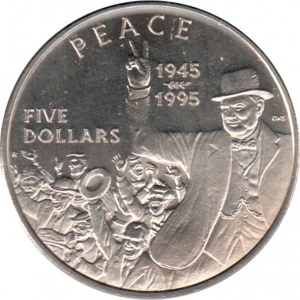 Реверс монеты Маршалловы Острова, 5 долларов, 1995, 50 лет миру - Черчилль