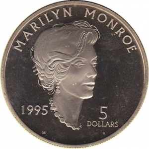 Реверс монеты Маршалловы Острова, 5 долларов, 1995, Мэрилин Монро