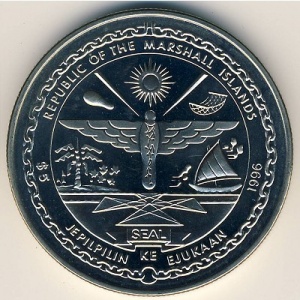Аверс монеты Маршалловы Острова, 5 долларов, 1996, Классические автомобили - 1869 Ford Quadricycle