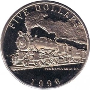 Реверс монеты Маршалловы Острова, 5 долларов, 1996, Поезда - Pennsylvania K4