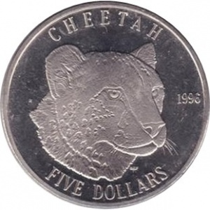 Реверс монеты Маршалловы Острова, 5 долларов, 1996, Большие кошки - Гепард