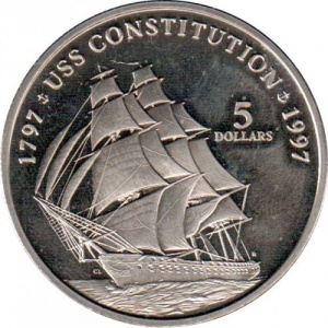 Реверс монеты Маршалловы Острова, 5 долларов, 1997, 200 лет кораблю USS Constitution
