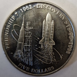 Реверс монеты Маршалловы Острова, 5 долларов, 1998, Дружба 7 и Discovery STS-95