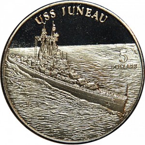 Реверс монеты Маршалловы Острова, 5 долларов, 1998, Корабли - USS Juneau