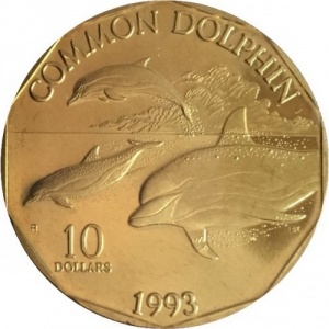 Реверс монеты Маршалловы Острова, 10 долларов, 1993, Дельфин-белобочка