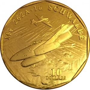 Реверс монеты Маршалловы Острова, 10 долларов, 1995, Истребитель - Me 262A-1a Schwalbe