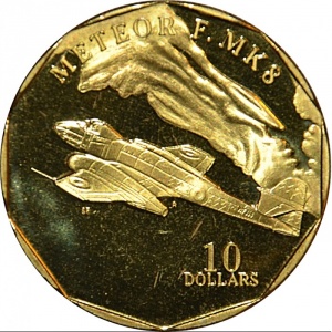 Реверс монеты Маршалловы Острова, 10 долларов, 1995, Истребитель - Meteor F. MK8
