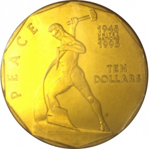 Реверс монеты Маршалловы Острова, 10 долларов, 1995, 50 лет миру - Организация Объединённых Наций