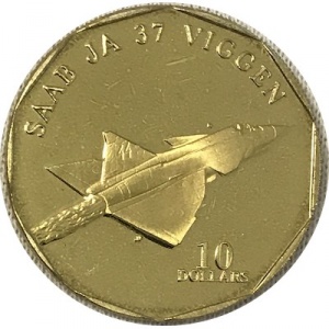 Реверс монеты Маршалловы Острова, 10 долларов, 1995, Истребитель - SAAB JA 37 Viggen