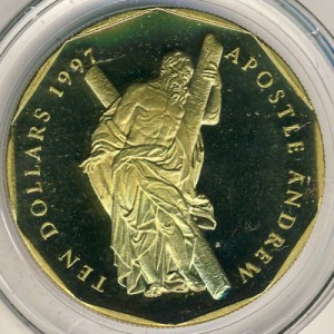 Реверс монеты Маршалловы Острова, 10 долларов, 1997, Двенадцать апостолов - Апостол Андрей