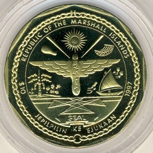 Аверс монеты Маршалловы Острова, 10 долларов, 1997, Двенадцать апостолов - Апостол Варфоломей